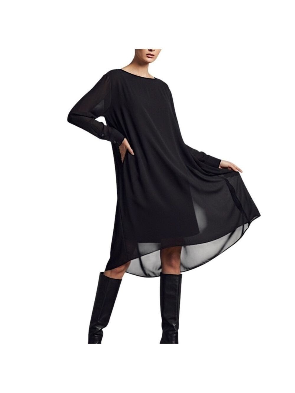 Aritzia Babaton minimal black chiffon boxy oversize boat neck long sleeve dress